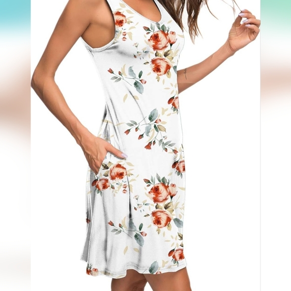 White Floral Sundress Medium cover-up pockets swing dress skater dress - Picture 3 of 6